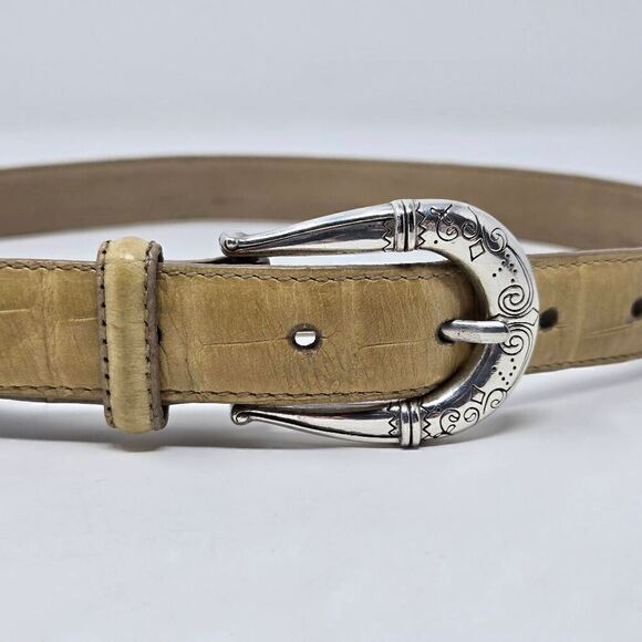 BRIGHTON CREAM TAN CROC LEATHER SILVER WESTERN BUCKLE WOMENS SIZE 30 M 1" WIDE - Picture 2 of 6